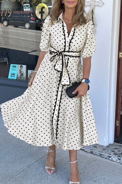 White Polka Dot Printed Contrast Midi Dress