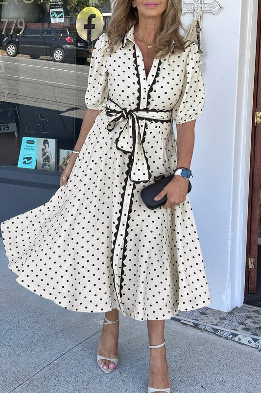White Polka Dot Printed Contrast Midi Dress