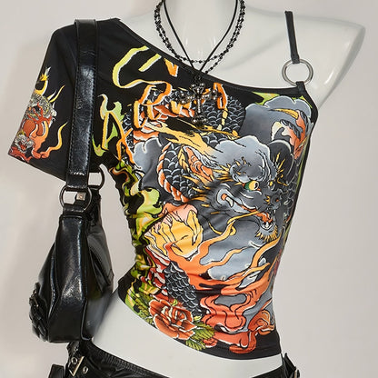 Y2K-Inspired Off-Shoulder Bold Dragon Print, Red & Black Shirt