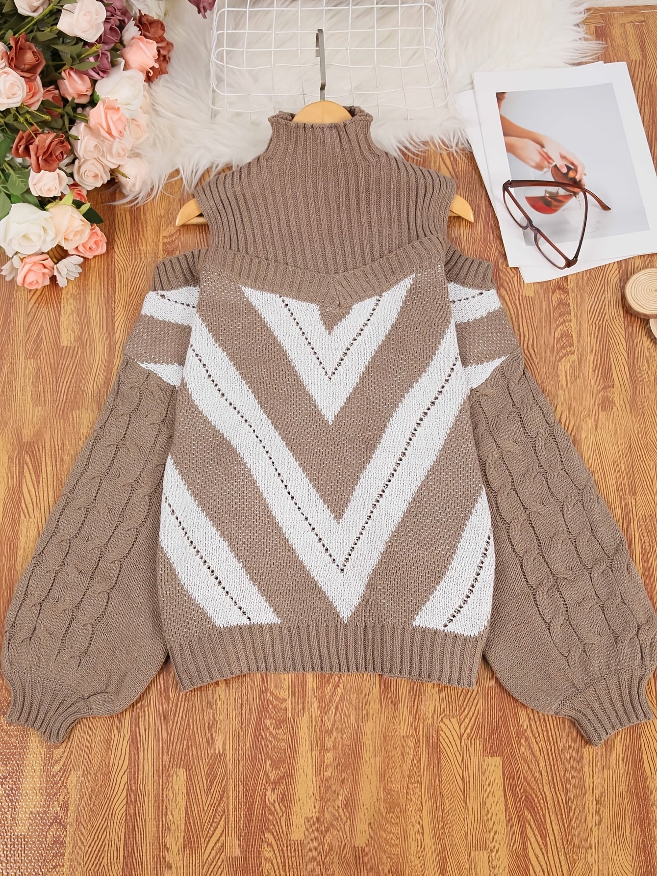 Plus Size Off-Shoulder High Neck Cable Sweater