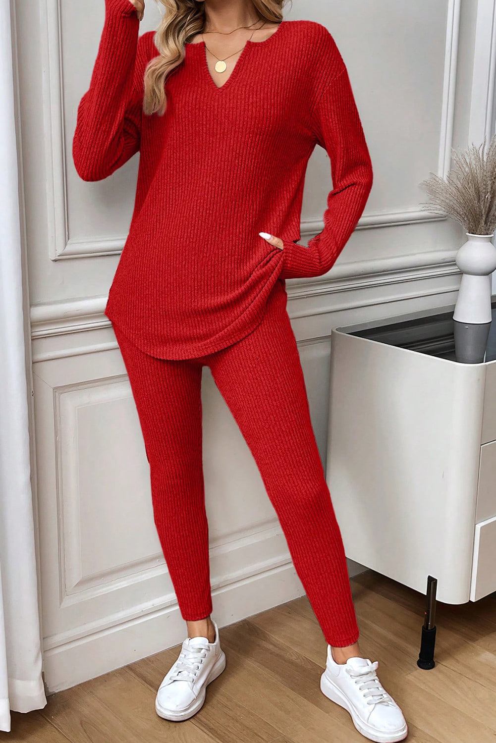 2pcs Racing Red Ribbed Notched Neck Knit Long Sleeve Leggings Lounge Set