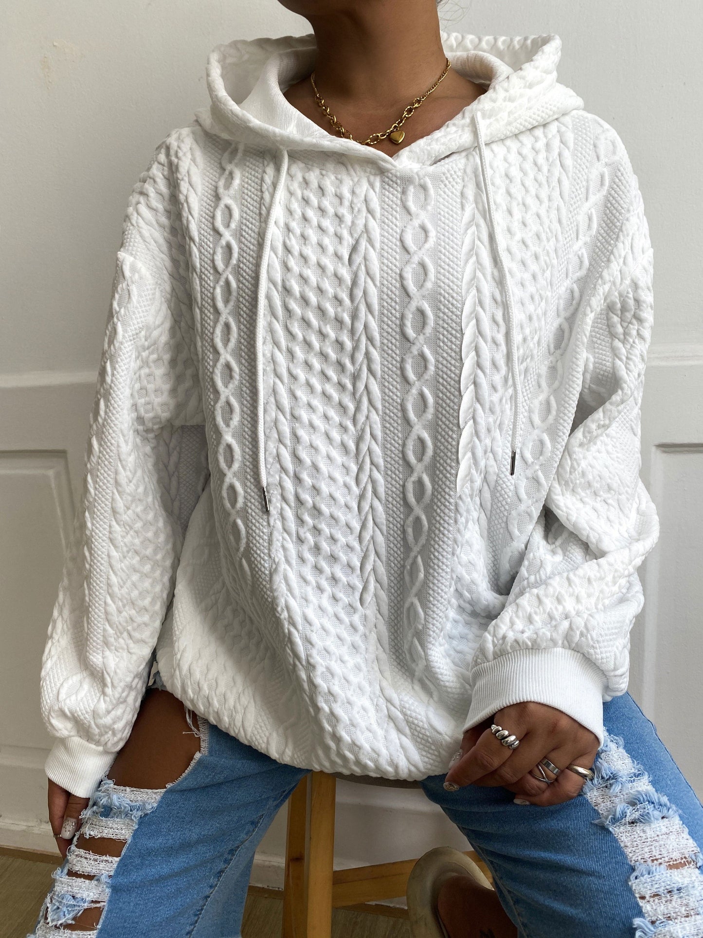 Plus Size Women's Solid Ribbed Long Sleeve Hoodie - Slight Stretch Drawstring Sweatshirt