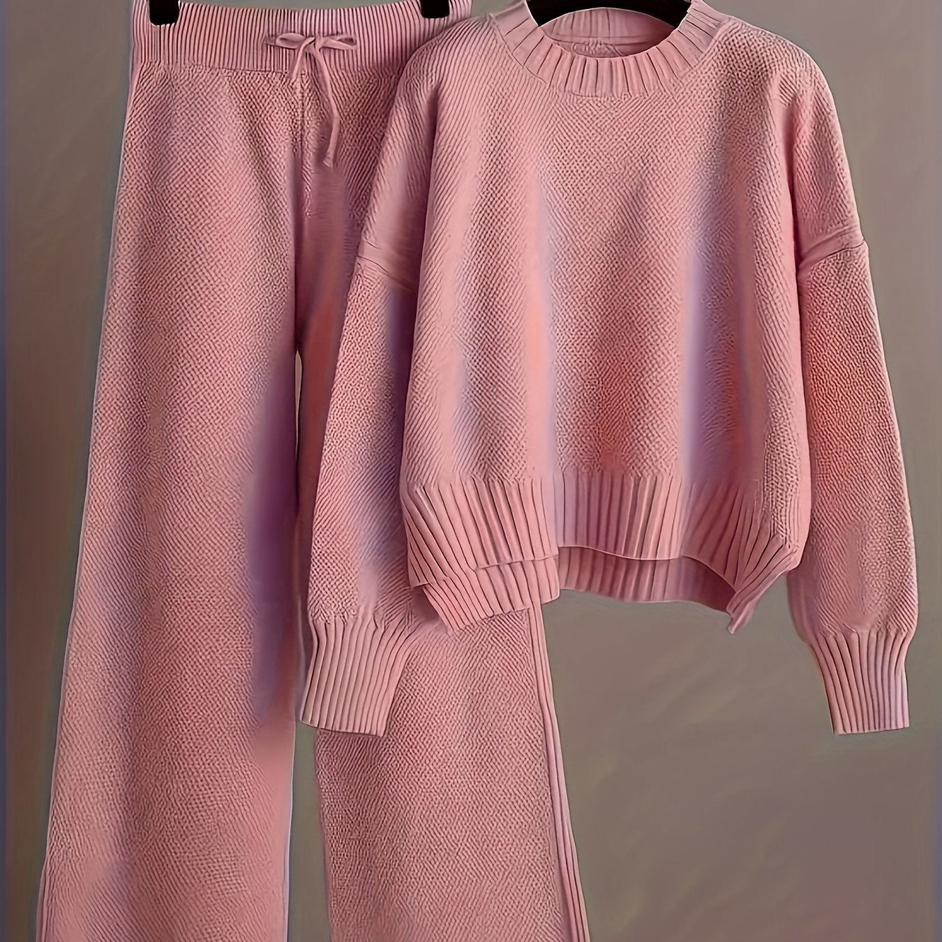 2pcs Women's Soft Casual Elegant Round Neck Sweater & Wide-Leg Pants Set