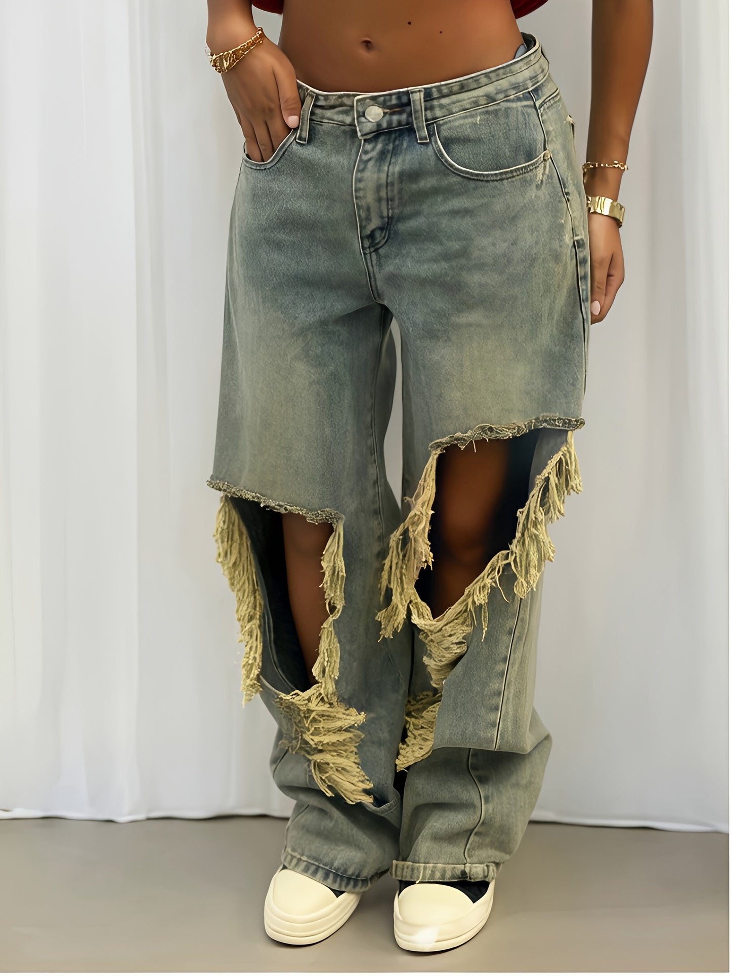 Women's Street Style High-Waisted Ripped Jeans Jeans