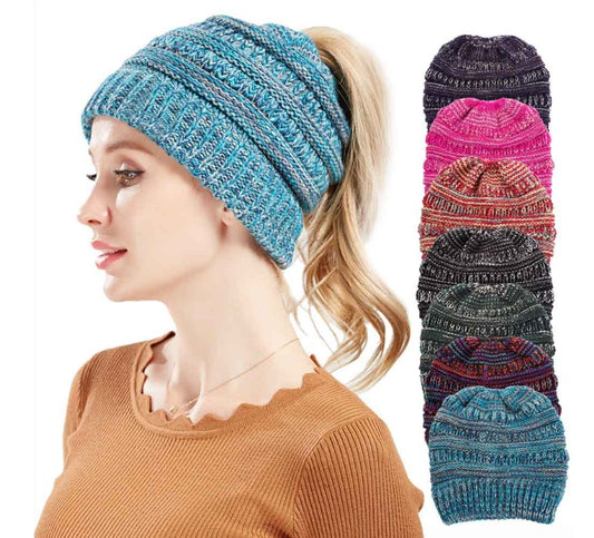 Women's Mixed Color Knitted Wool Ponytail Hat