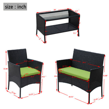 4 PCS Rattan Green Cushion Outdoor Patio Furniture Set