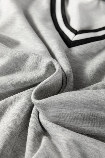 Light Grey Striped Trim V Neck Long Sleeve Preppy T Shirt Dress
