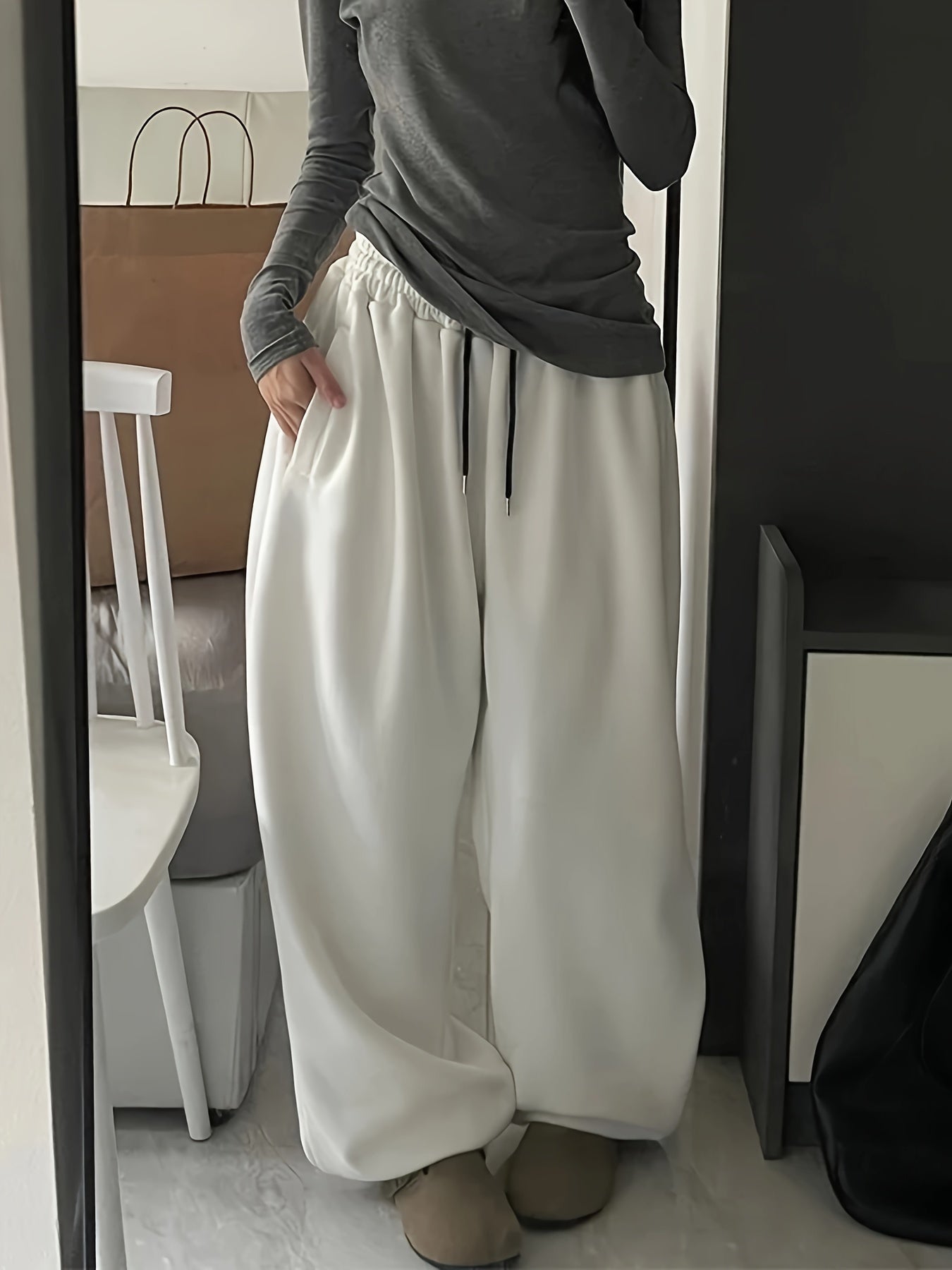 Women's Y2K High-Waisted Wide-Leg Gray Polyester Sweatpants