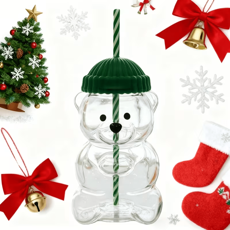 20 oz Cute Bear Glass Cup with Straw