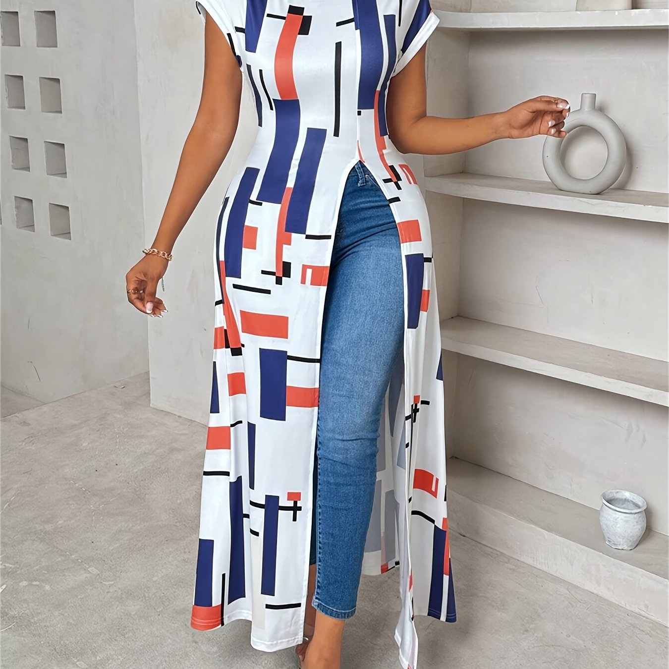 Women's Casual Patchwork Print Maxi Dress with Side Slit