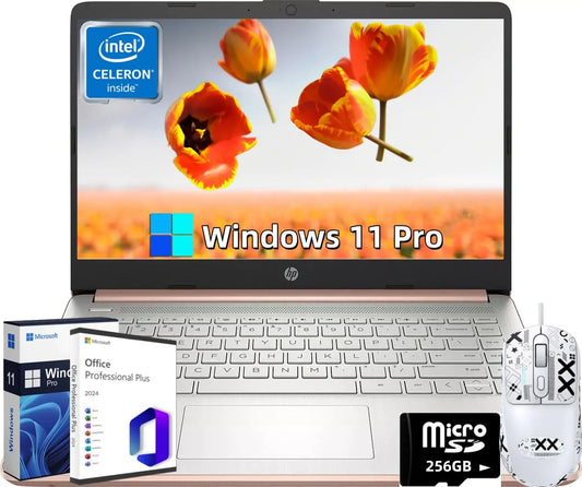 HP 14" Ultral Light Laptops Intel Celeron N4120 16GB RAM 384GB Storage(128GB eMMC+256GB Micro SD) with Office Lifetime License & Windows 11 Pro Long Battery Life Wi-Fi MicroSD HDMI Rose Gold