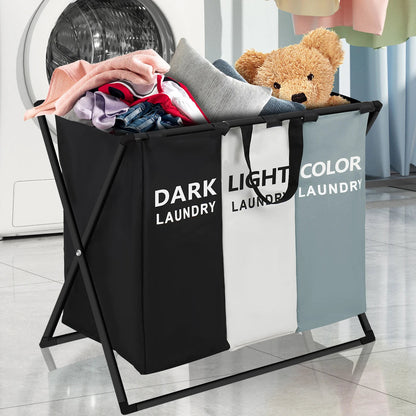 3 Sections Divided Laundry Basket Large Foldable Hamper