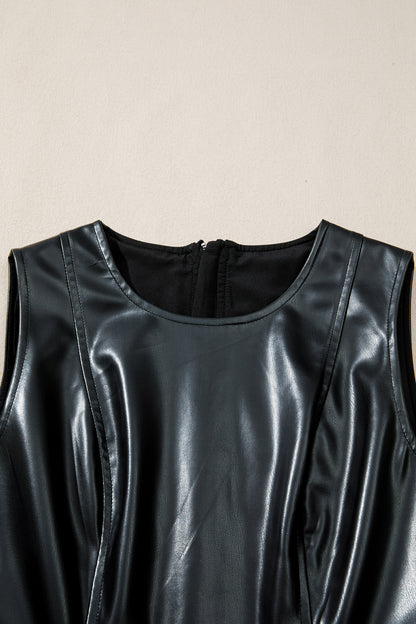 Black Faux Leather Ruffle Hem Sleeveless Mini Dress