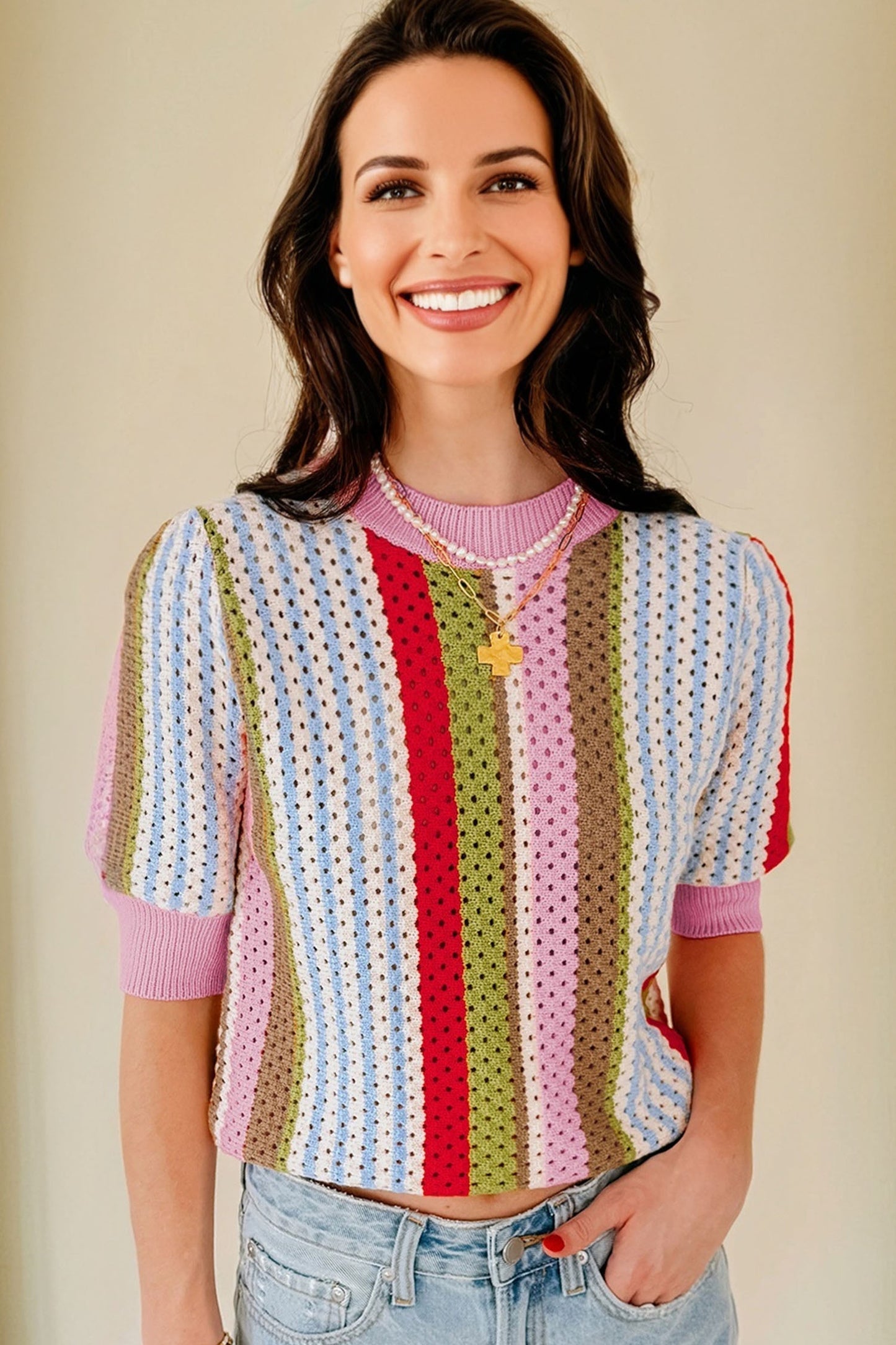 Multicolor Striped Pointelle Knit Short Sleeve Sweater