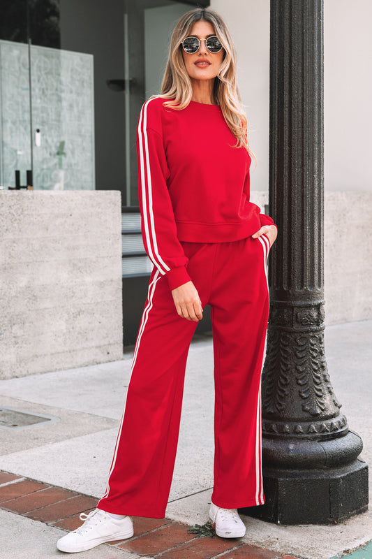 2pcs Fiery Red Varsity Striped Detail Crewneck Pullover Elastic Sweatpants