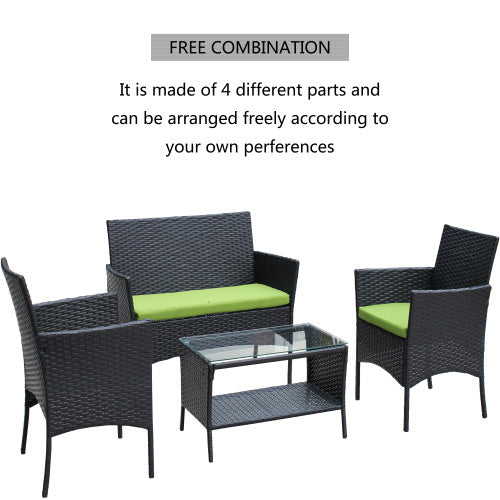 4 PCS Rattan Green Cushion Outdoor Patio Furniture Set