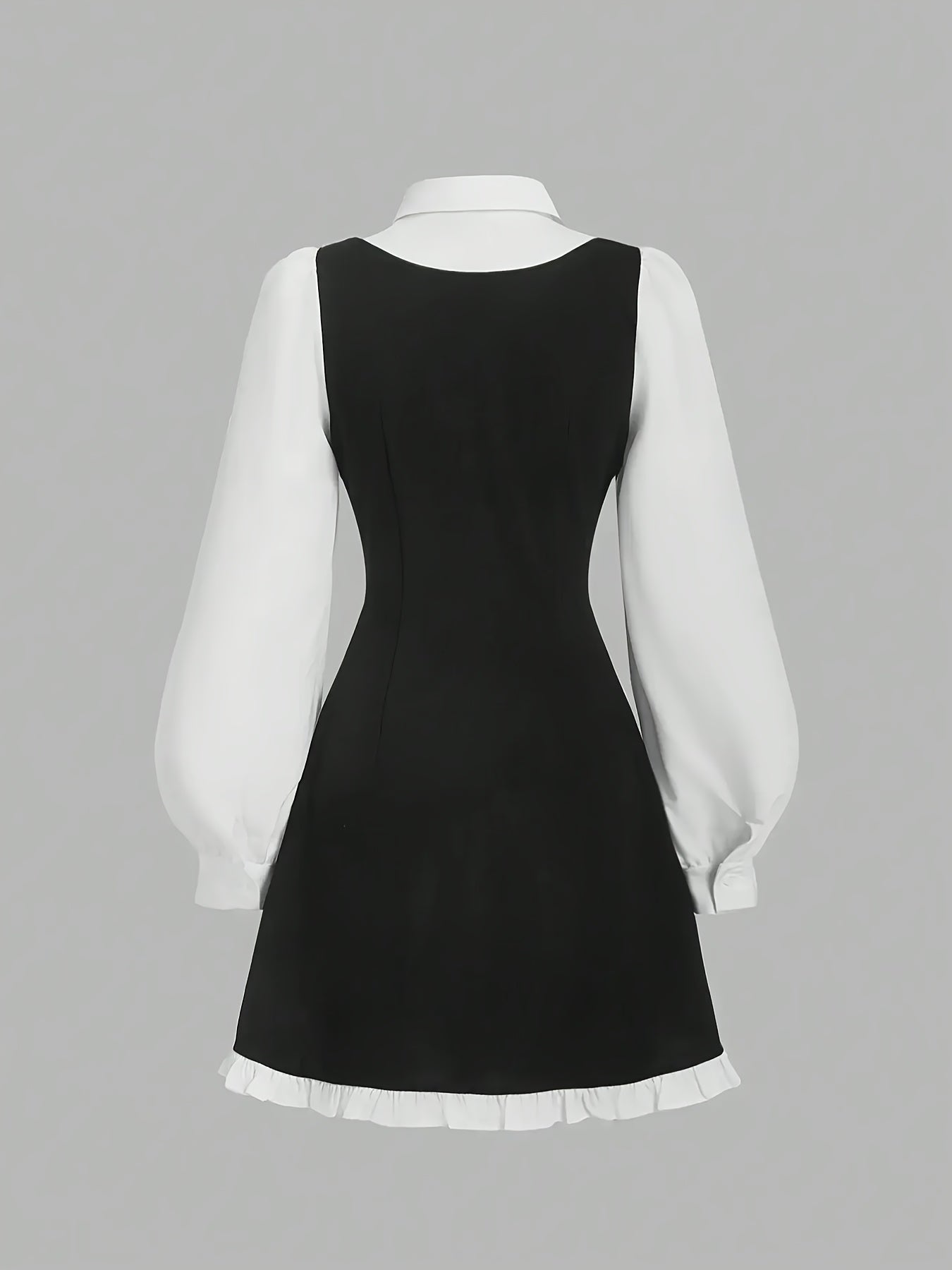 Women's Elegant Long Sleeve A-Line Dress with Contrast Trim & Tie-Waist
