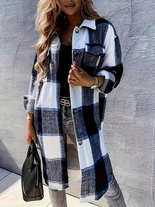 Stylish Plaid Print Womens Long Jacket - Relaxed Casual Button Front with Flap PocketsSl