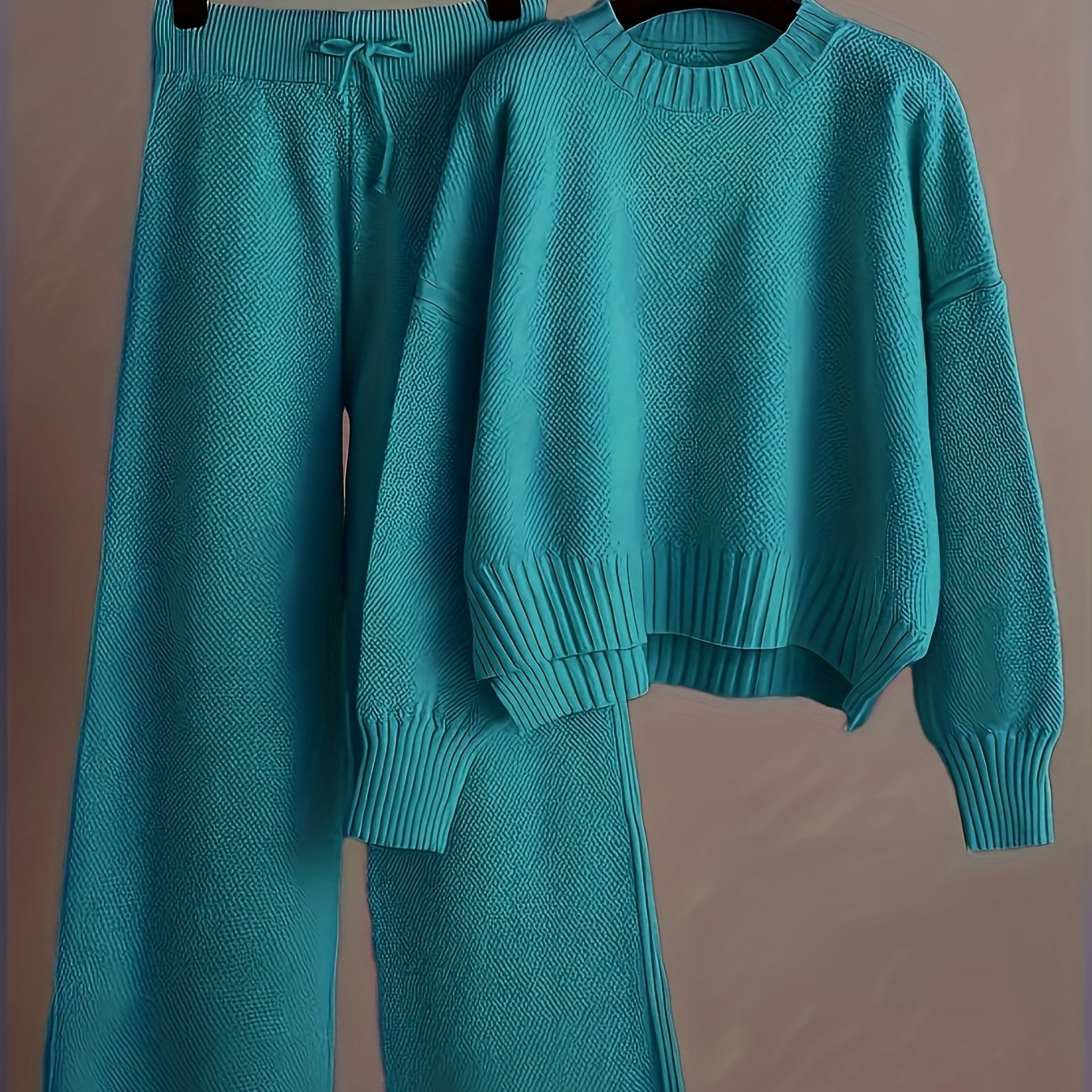 2pcs Women's Soft Casual Elegant Round Neck Sweater & Wide-Leg Pants Set