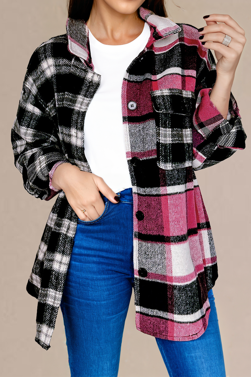 Black Plaid Colorblock Loose Shacket