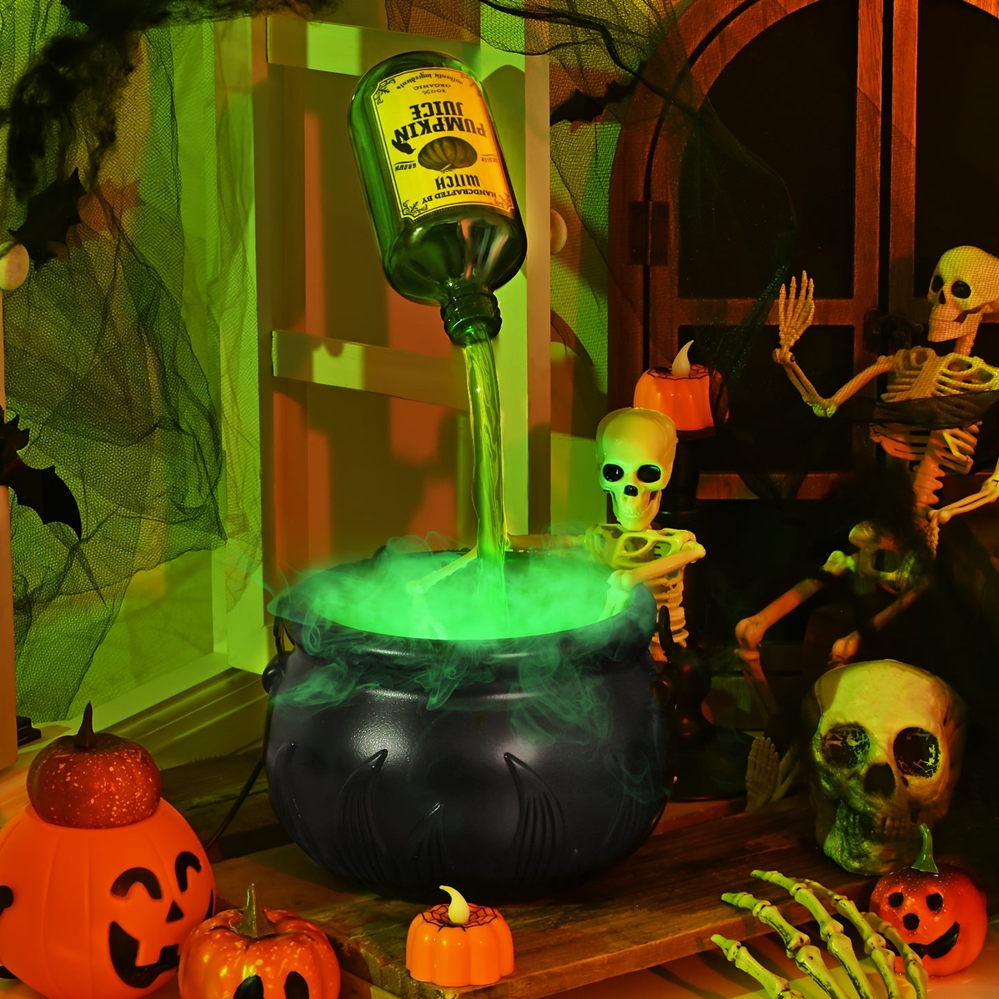 Half-Skeleton Cauldron with Magic Floating Potion & Fog Maker