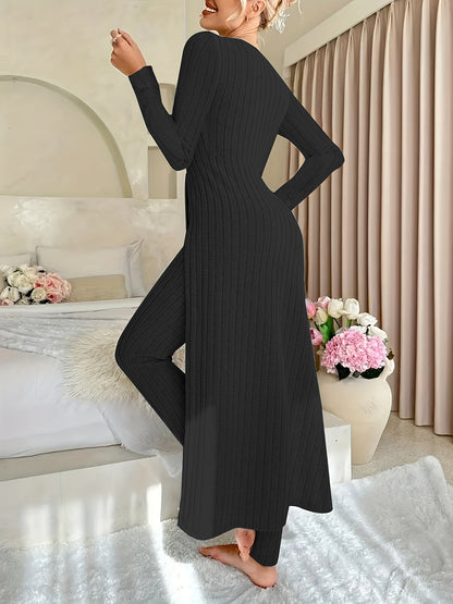 Ribbed Two-Piece  Long-Sleeved Top and Pants Set