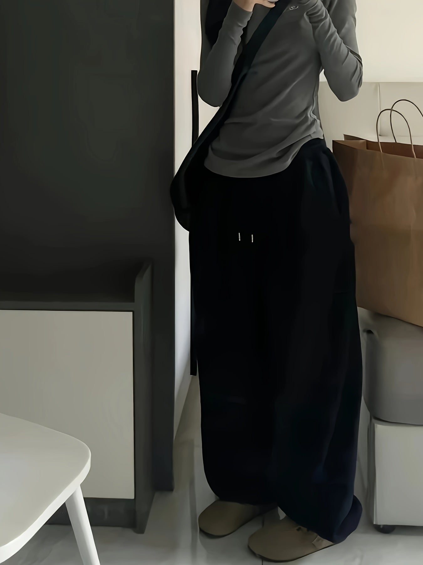 Women's Y2K High-Waisted Wide-Leg Gray Polyester Sweatpants