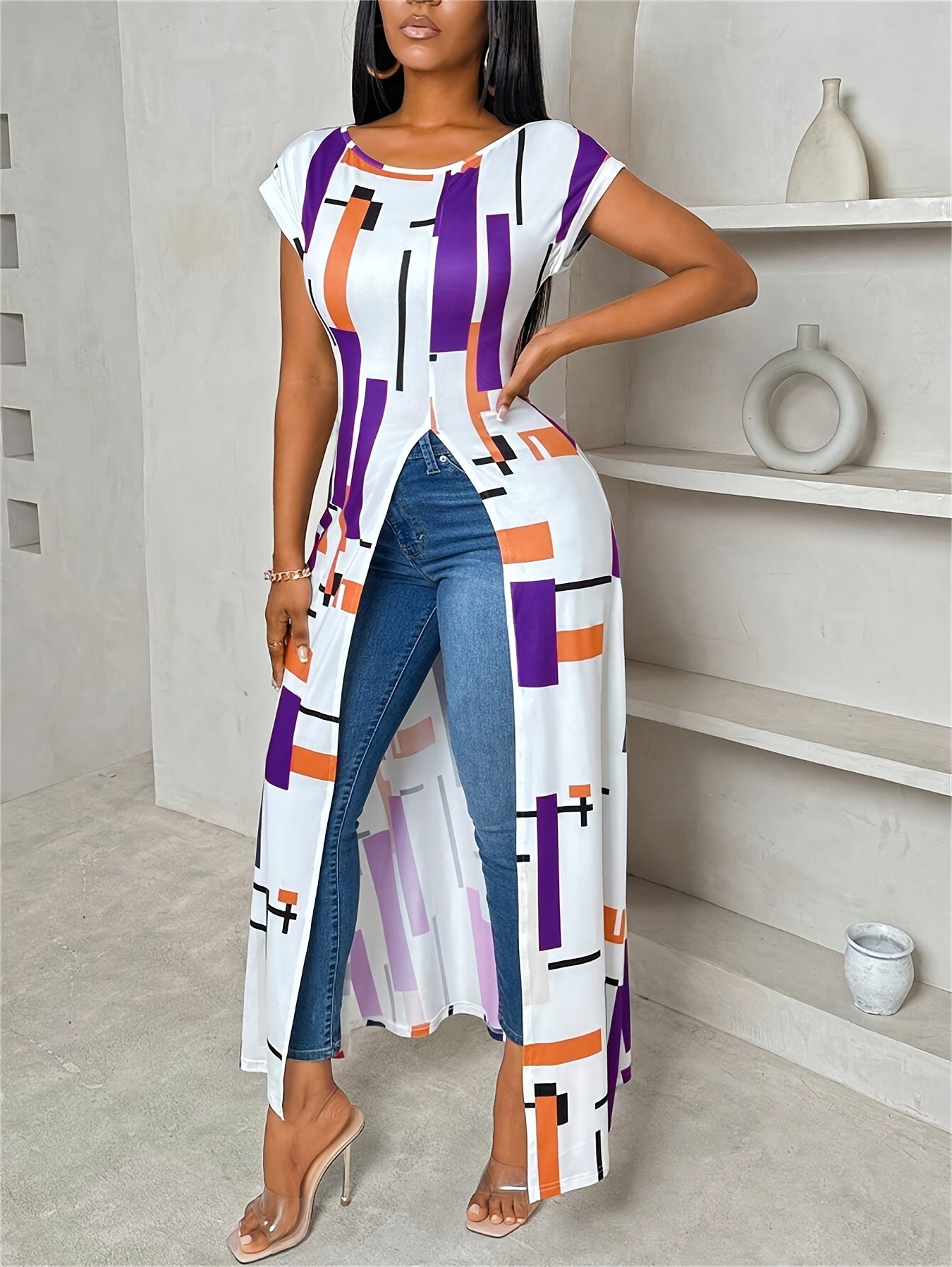 Women's Casual Patchwork Print Maxi Dress with Side Slit