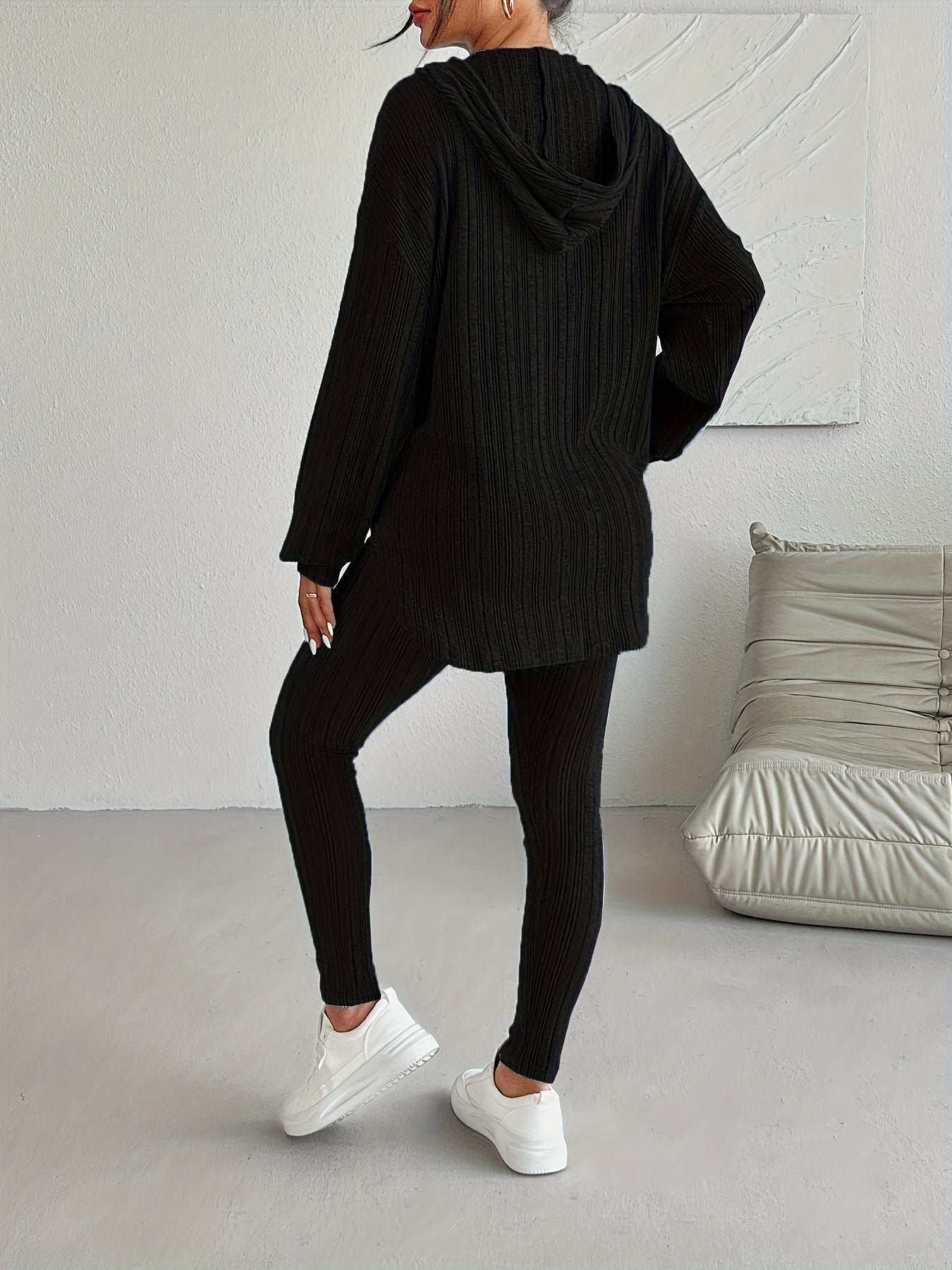 Elegant And Fashionable Lake Blue Women's Hooded Top And Long Pants Set