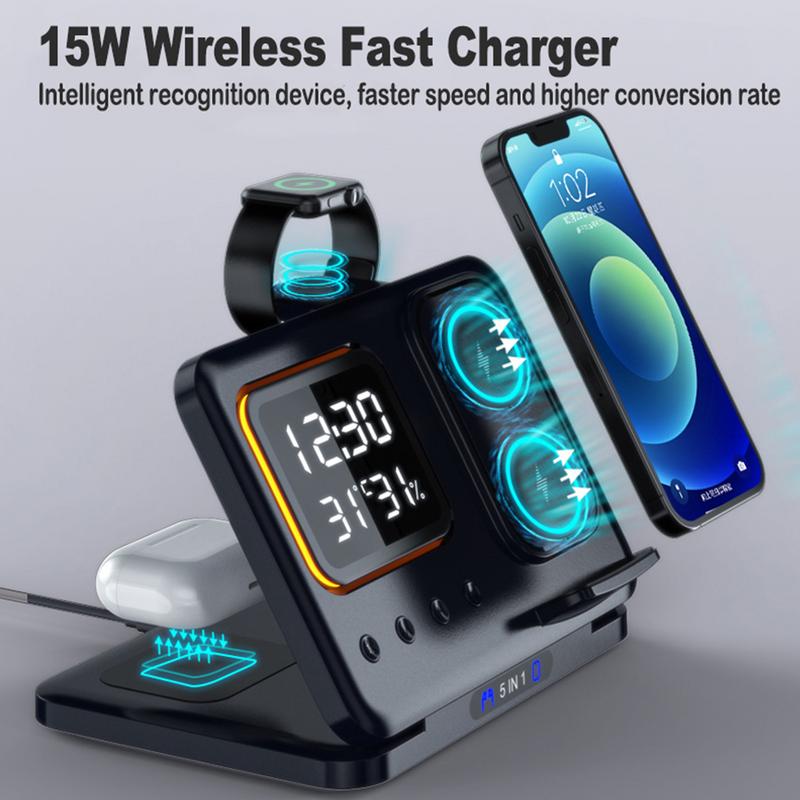 5 in 1 Fast Charging Wireless Charging Stand with LED Digital Alarm Clock