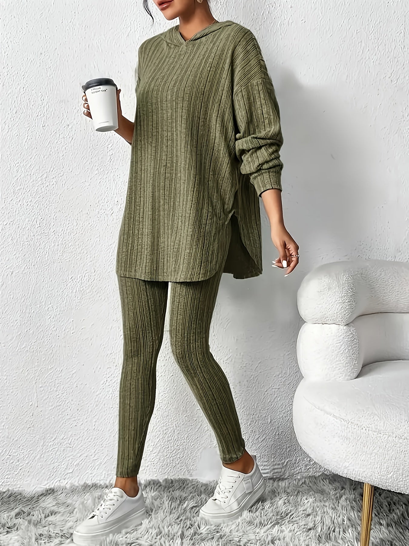 Elegant And Fashionable Lake Blue Women's Hooded Top And Long Pants Set