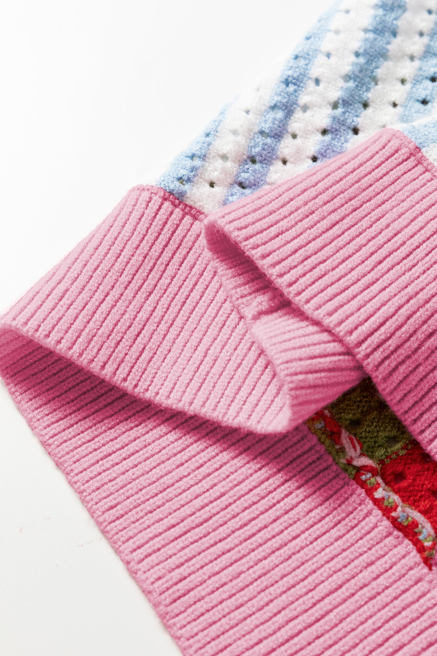 Multicolor Striped Pointelle Knit Short Sleeve Sweater