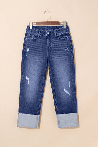 Real Teal Folded Cuffs Distressed Straight High Waist Jeans