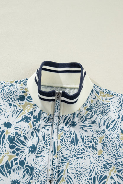 Blue Floral Print Striped Webbing Patchwork Collar Short Sleeve Mini Dress