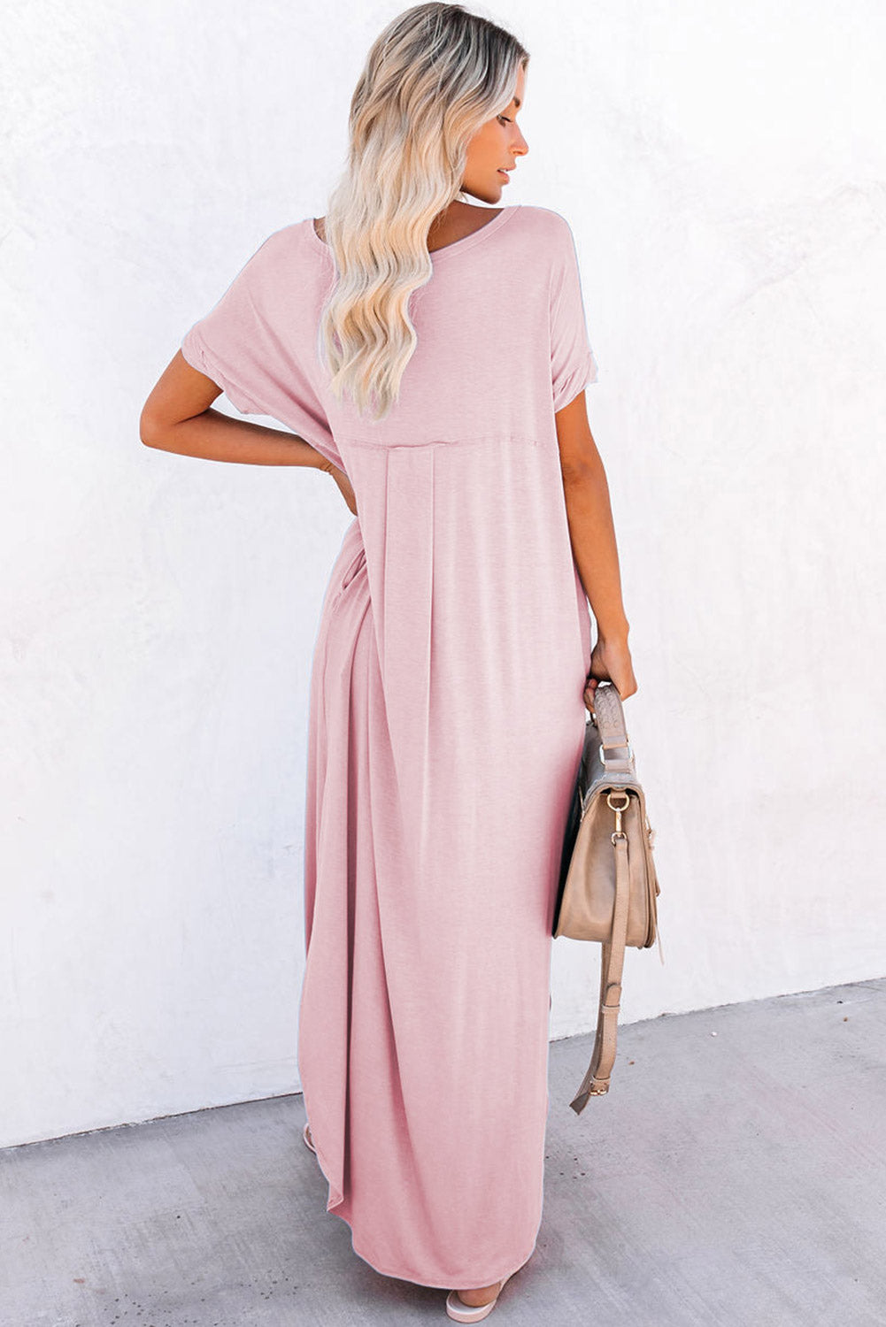 Pink V Neck Hidden Pocket Splits Maxi Dress