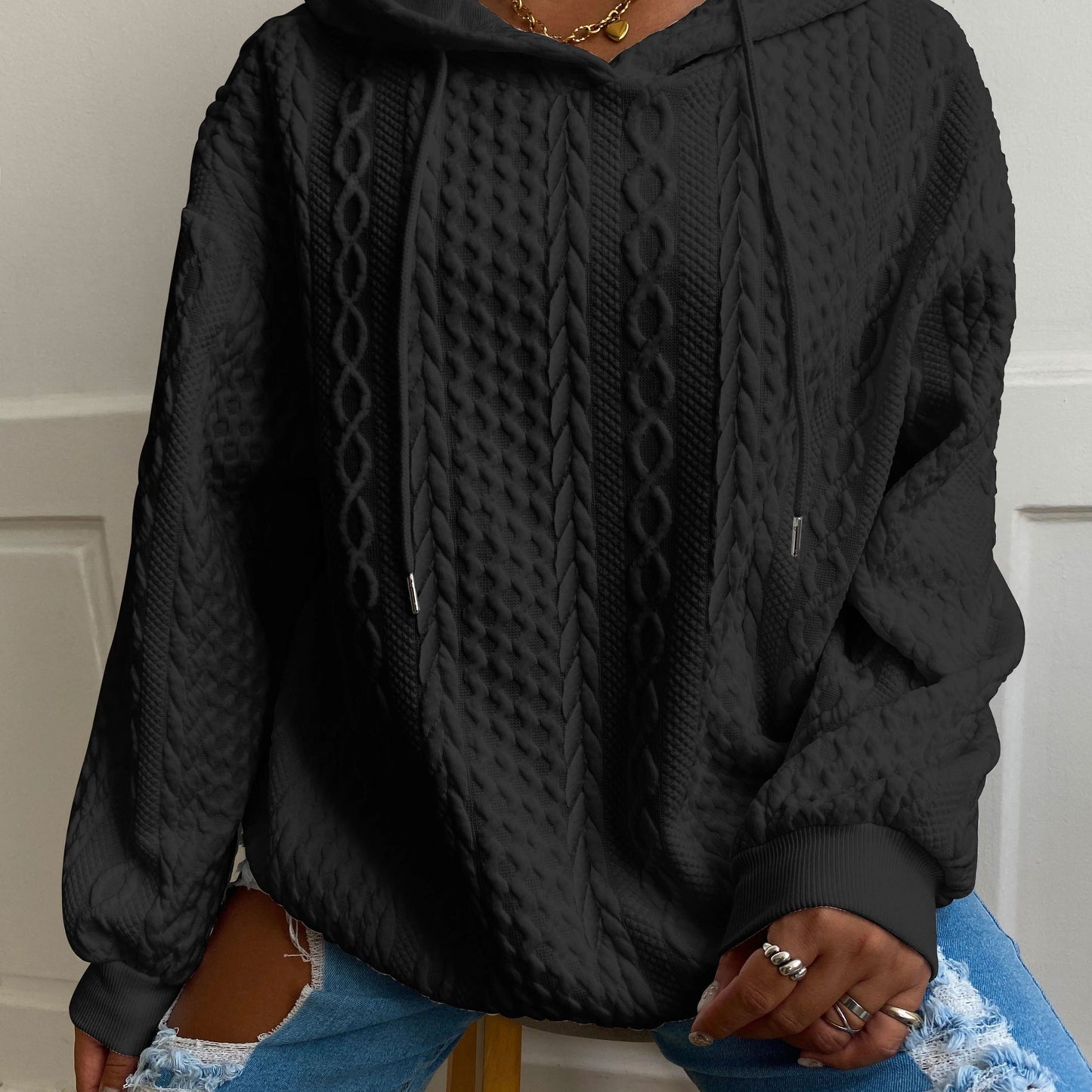 Plus Size Women's Solid Ribbed Long Sleeve Hoodie - Slight Stretch Drawstring Sweatshirt