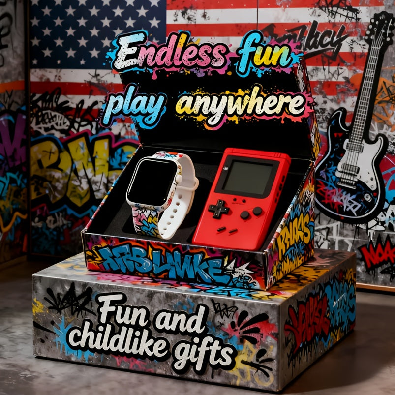 2pcs Graffiti Portable Handheld Game Console+1PC Watch