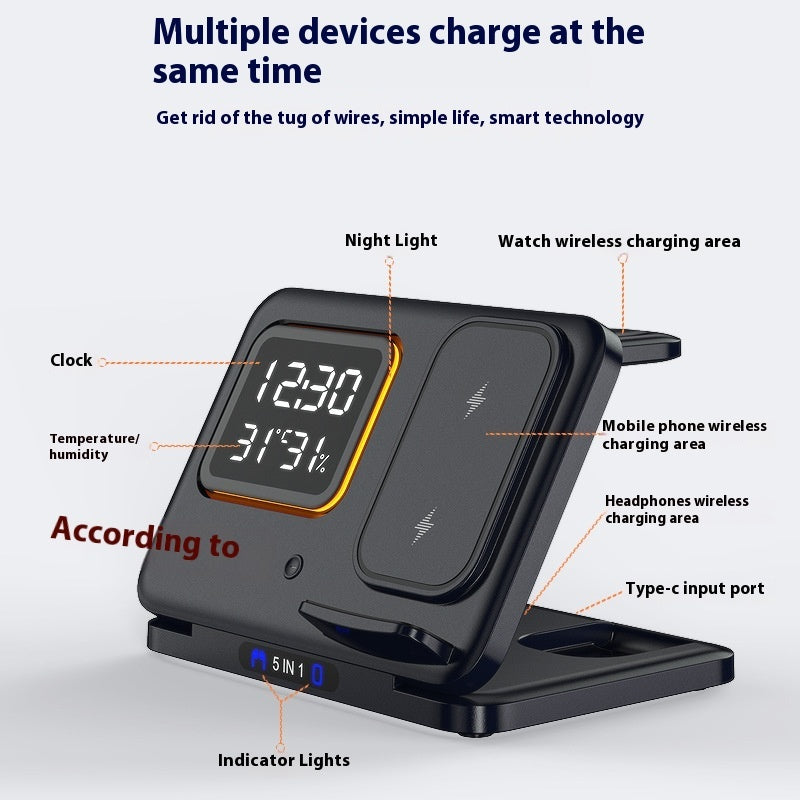 5 in 1 Fast Charging Wireless Charging Stand with LED Digital Alarm Clock