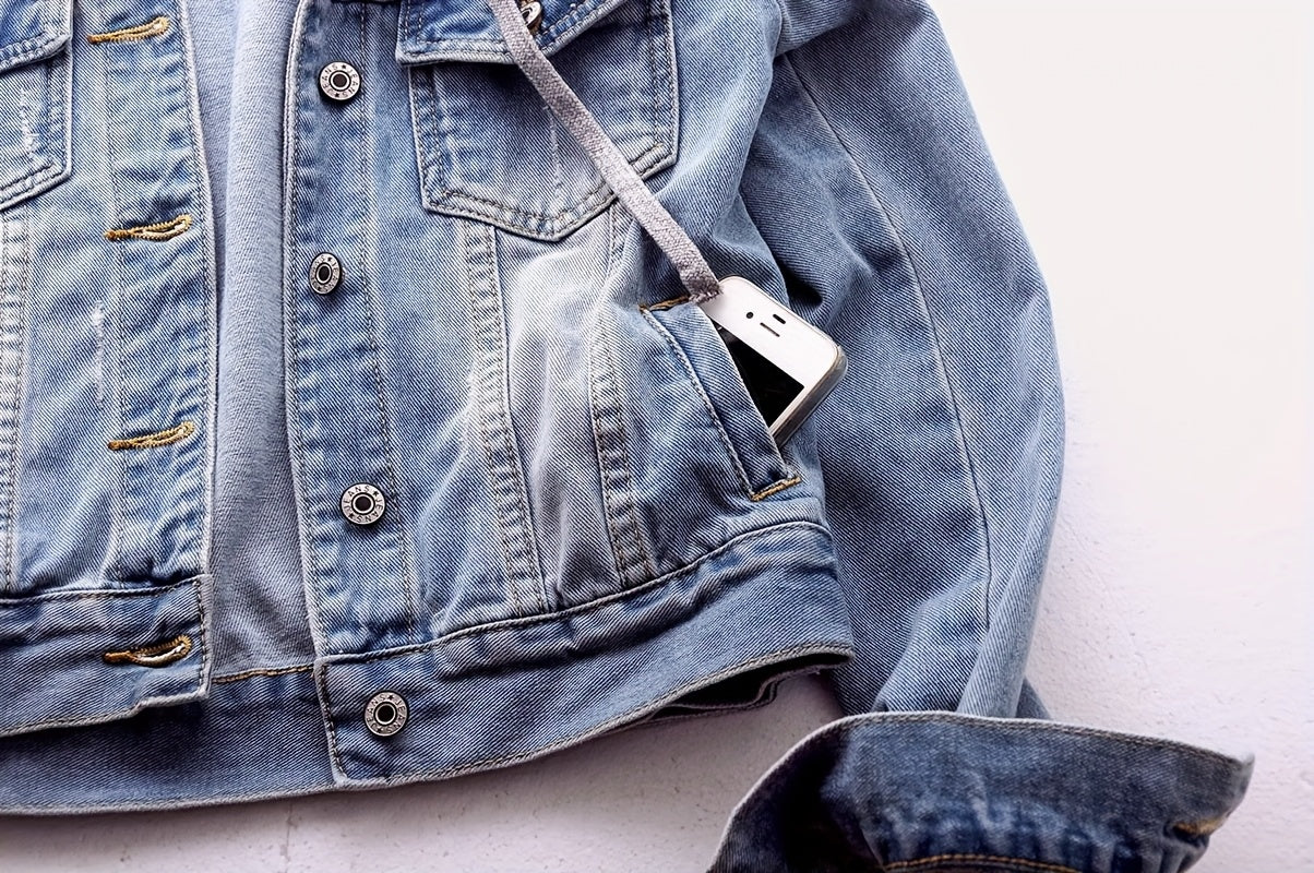 Women's Long Sleeve Denim Jacket with Removable Hood