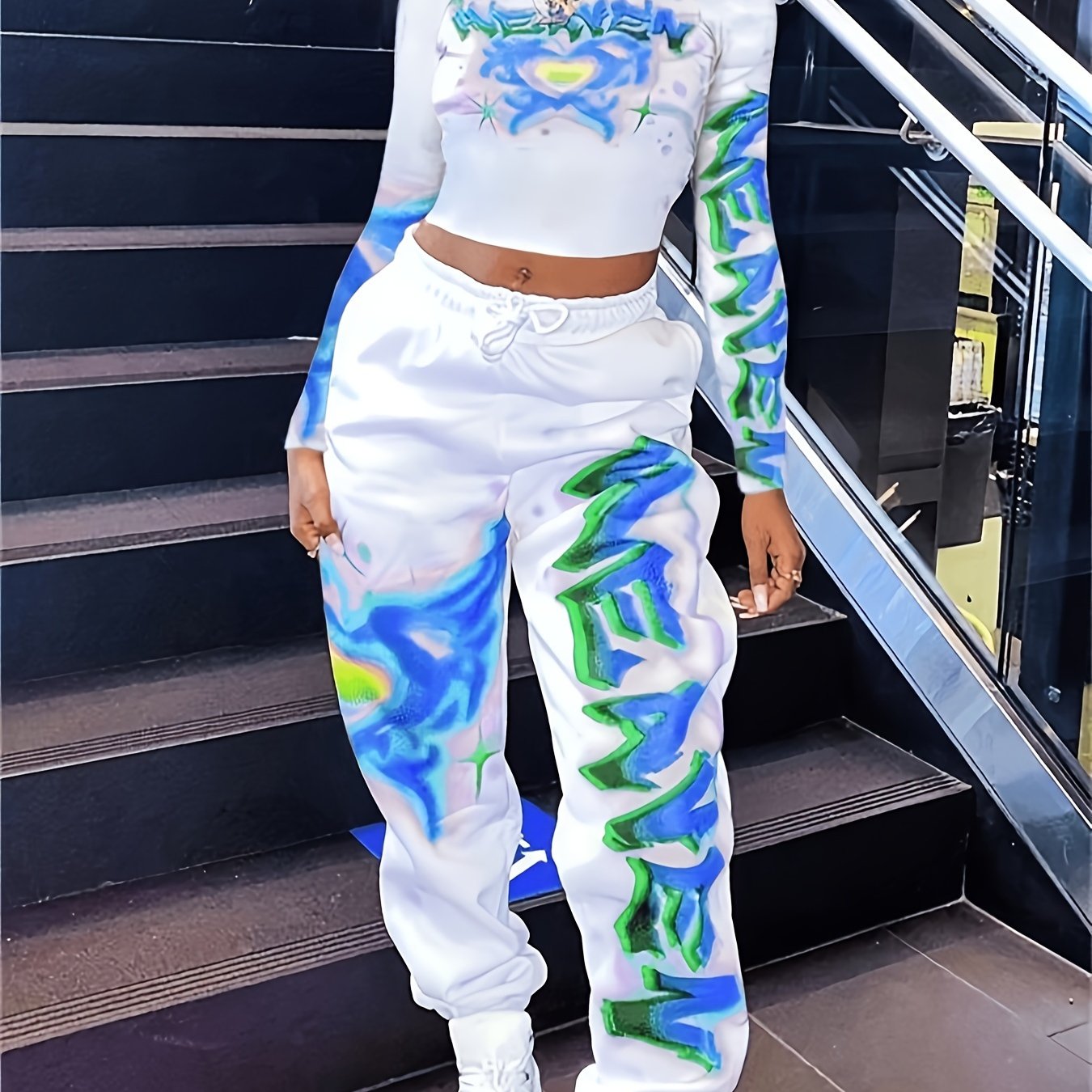 Women's Heart and Letter Print Long Sleeve Top and Waist Pants Set with Pockets