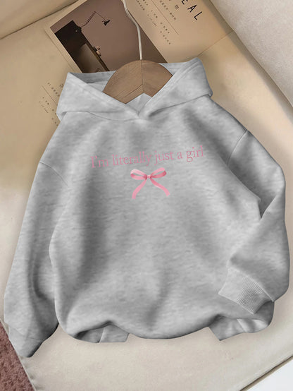 Girls' Autumn/Winter Hooded Sweatshirt  with "I'm Literally Just a Girl" Print & Pink Bow