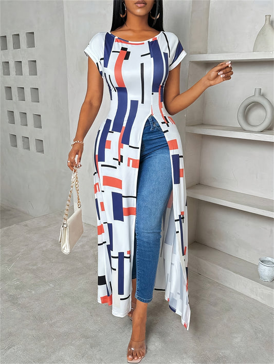 Women's Casual Patchwork Print Maxi Dress with Side Slit