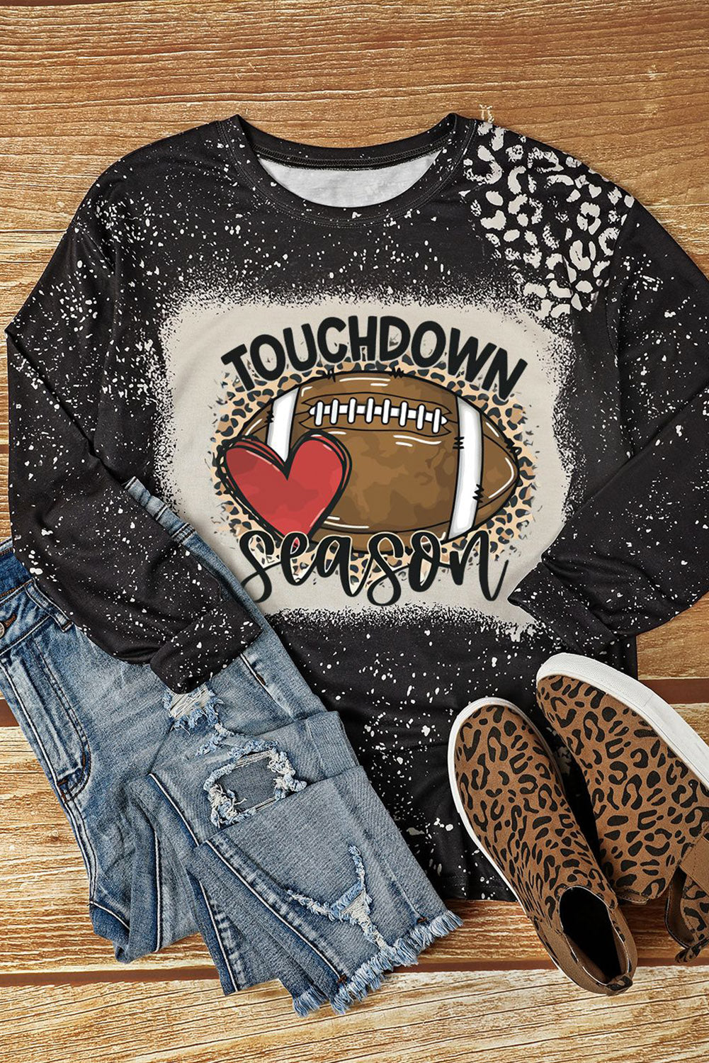 Black TOUCHDOWN Season Football Leopard Print Long Sleeve Top