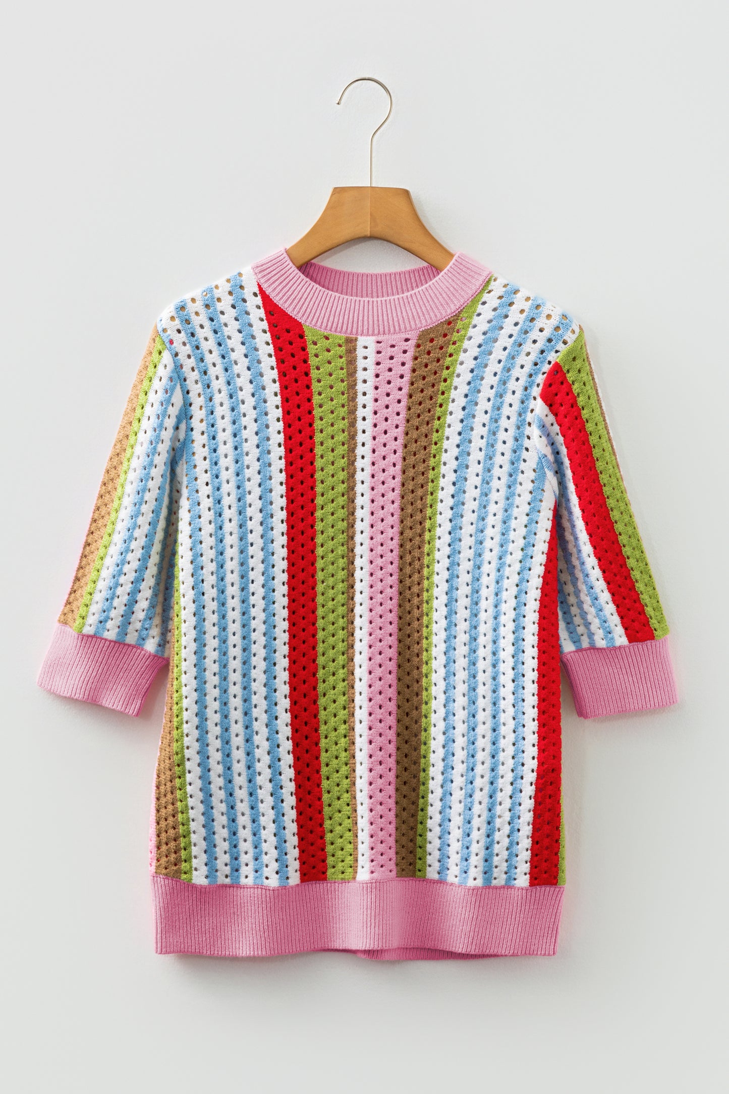 Multicolor Striped Pointelle Knit Short Sleeve Sweater