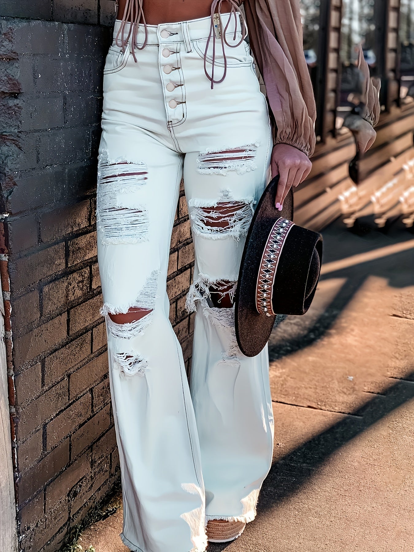 Women's Sexy Ripped Flare Jeans with Single Breasted Button Closure