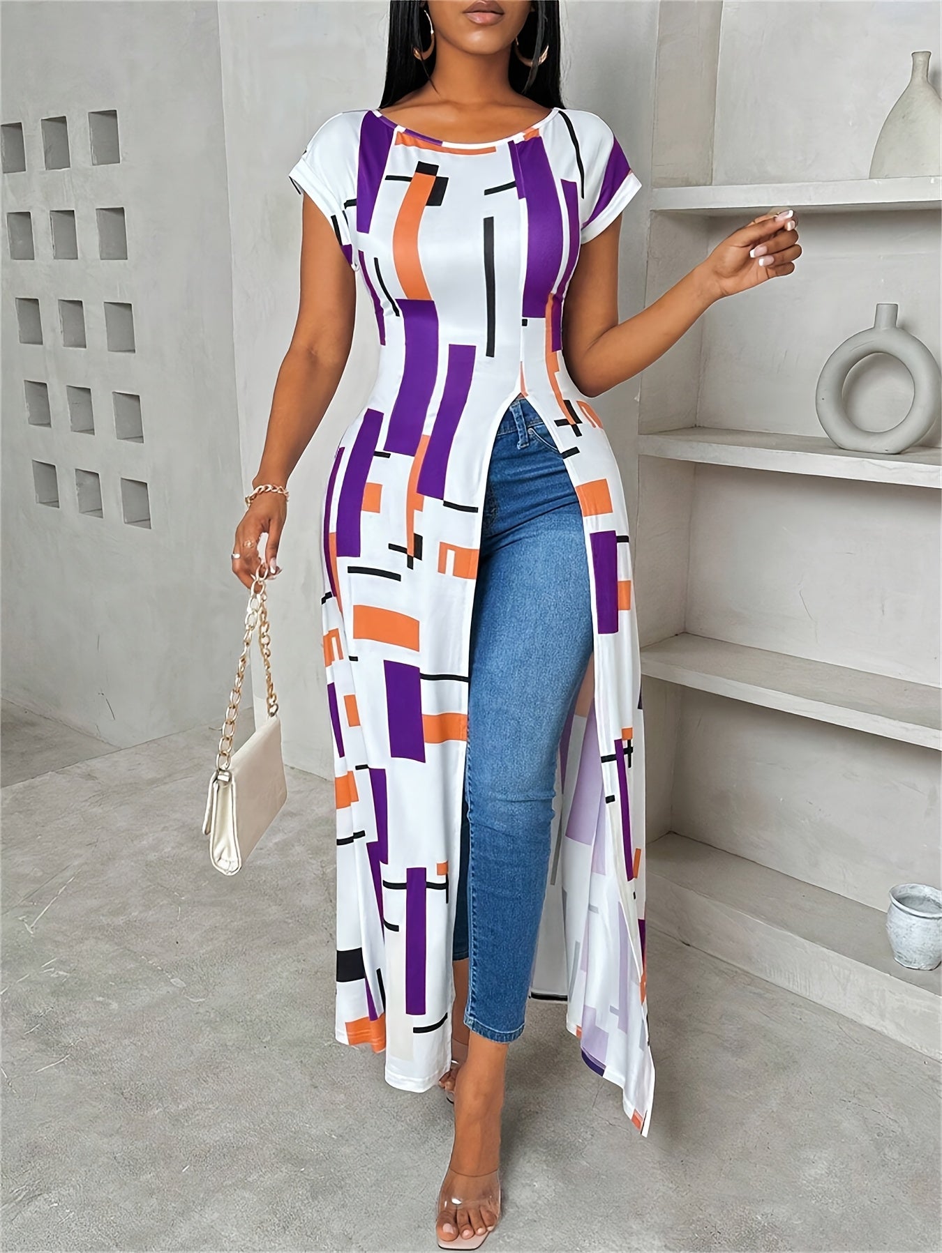 Women's Casual Patchwork Print Maxi Dress with Side Slit