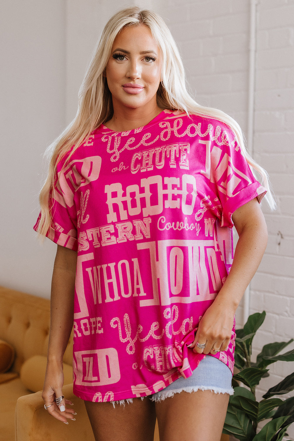 Rose Howdy Cowboy Letter Printed Western Fashion Tee