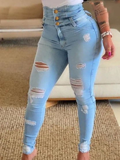High Waisted Button Slim Fit Ripped Jeans