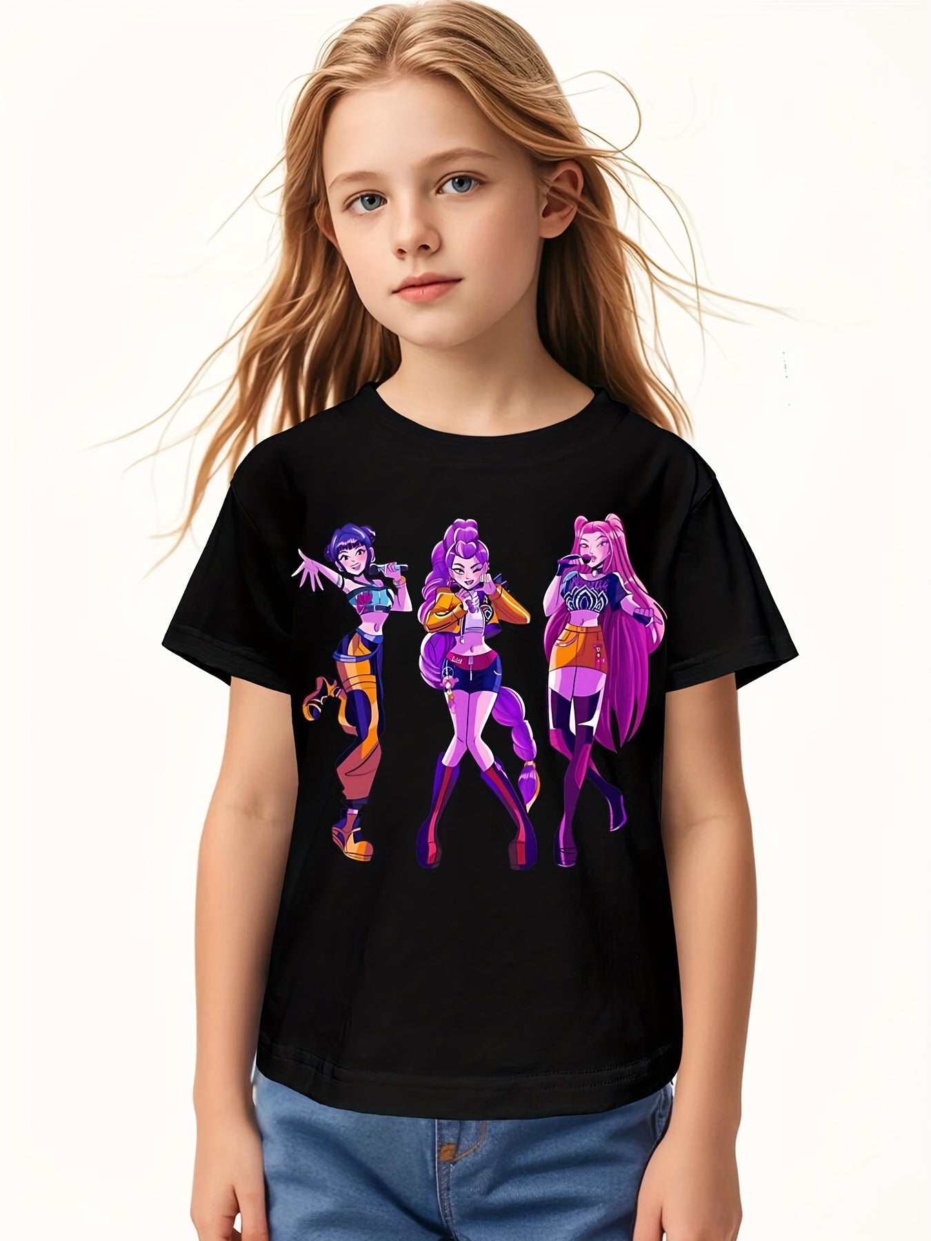 Girls' Kpop Graphic T-Shirt - Black Tee with Purple & Pink Characters