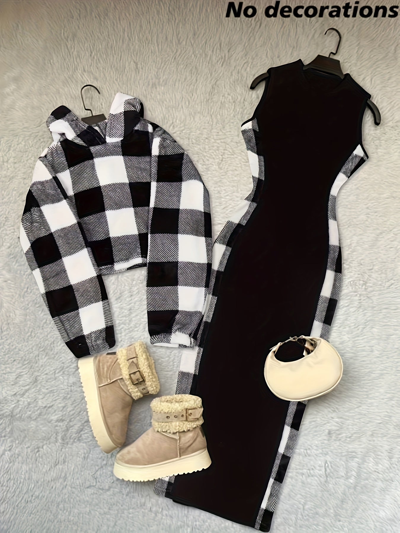 2pcs Women's Y2K Casual Fleece Hooded Long Sleeve Short Top Dress Set